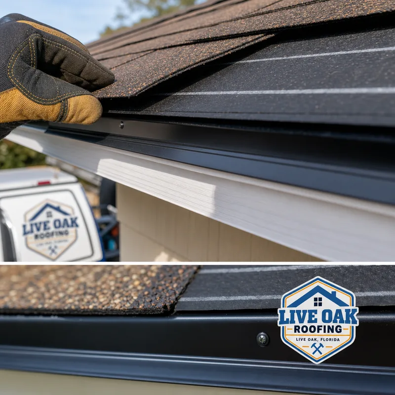 Drip edge and underlayment layered beneath roof shingles