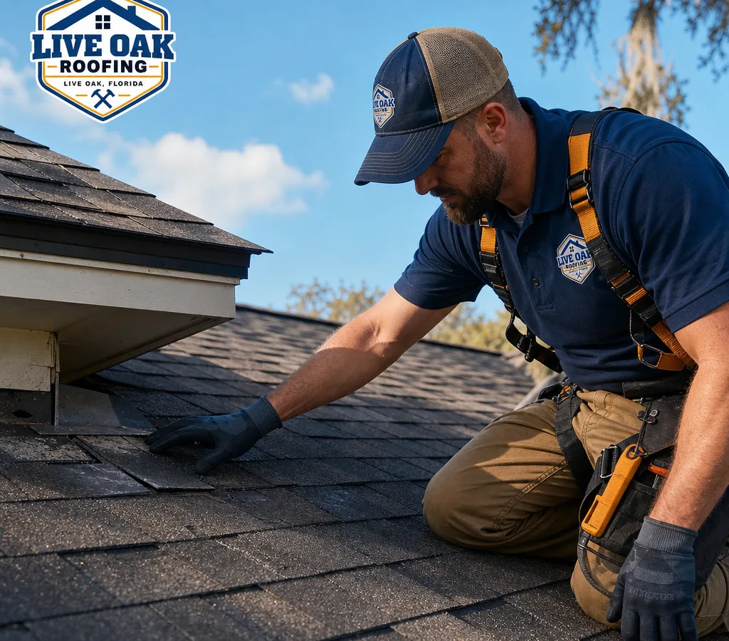 Roofing contractor inspecting a residential shingle roof in Live Oak