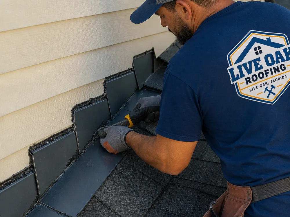 Close-up of step flashing at a roof-to-wall intersection