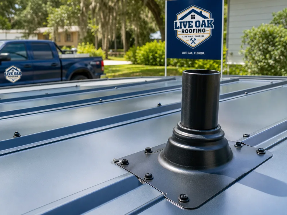 Residential metal roof with visible fasteners and a sealed vent pipe boot