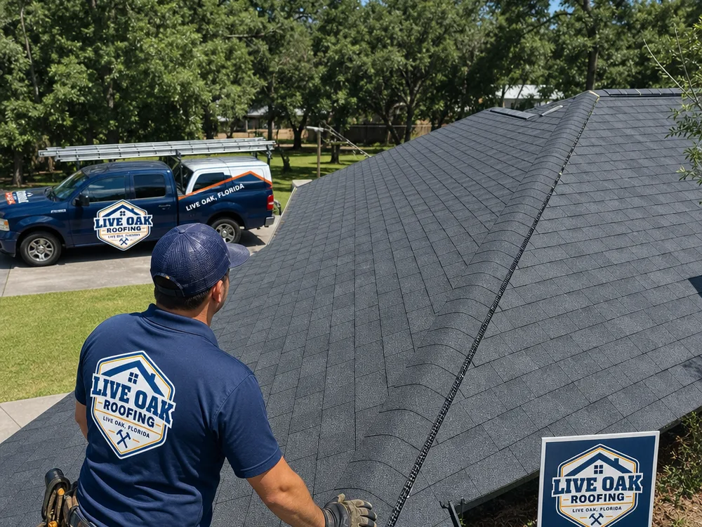 Finished asphalt shingle roof with ridge vent and aligned ridge cap